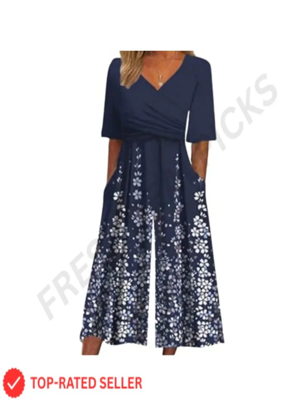 Women's Boho Floral V Neck Short Sleeve Wide Leg Jumpsuit with Pockets